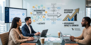 A high-end marketing strategy session in a modern office, visualizing the shift from cluttered tactical activity to a streamlined, integrated growth blueprint.