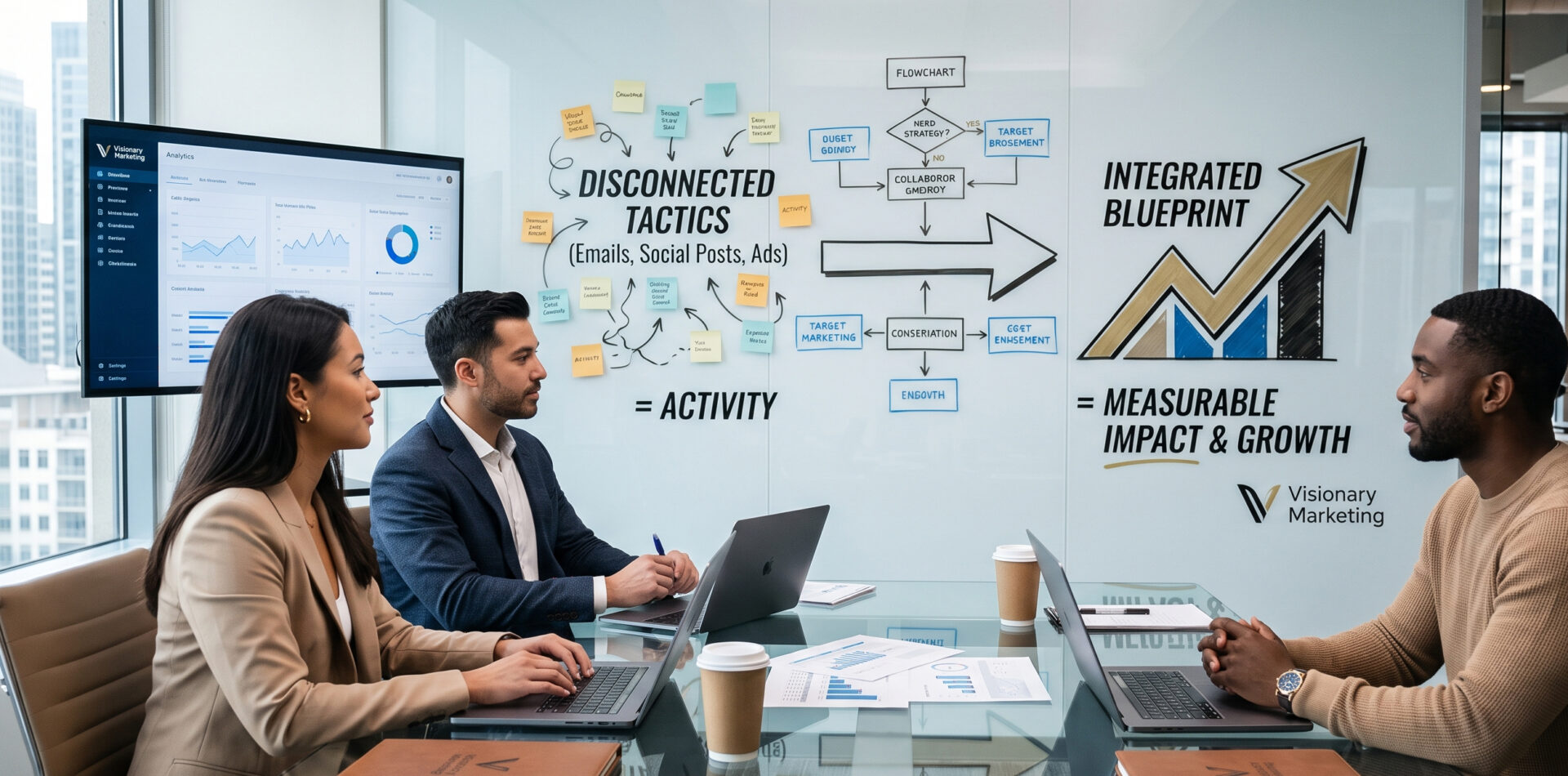 A high-end marketing strategy session in a modern office, visualizing the shift from cluttered tactical activity to a streamlined, integrated growth blueprint.