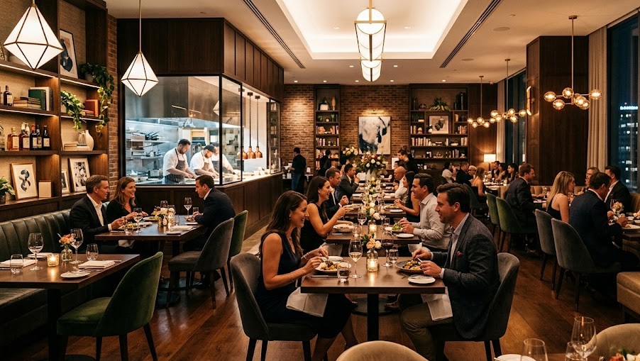 A luxurious, warm-lit modern restaurant dining room featuring architectural lighting and elegant table settings designed to reflect premium hospitality branding.
