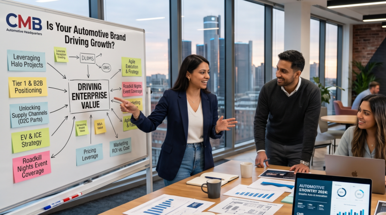 A marketing strategist presenting an automotive brand positioning framework on a whiteboard to colleagues sitting around a conference table.