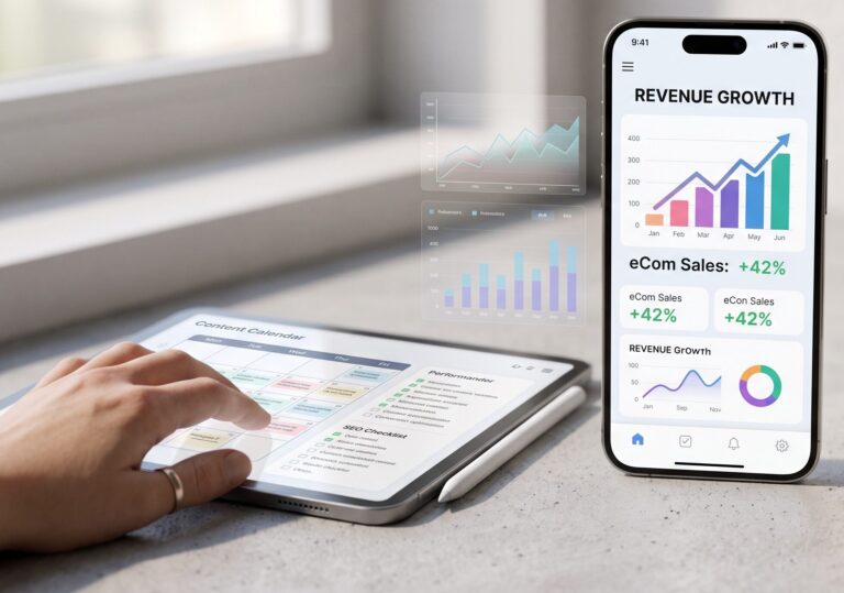 A digital dashboard on a smartphone displaying "Revenue Growth," "eCom Sales," and charts, next to a "Visionary MPR" cosmetic jar on a concrete surface.