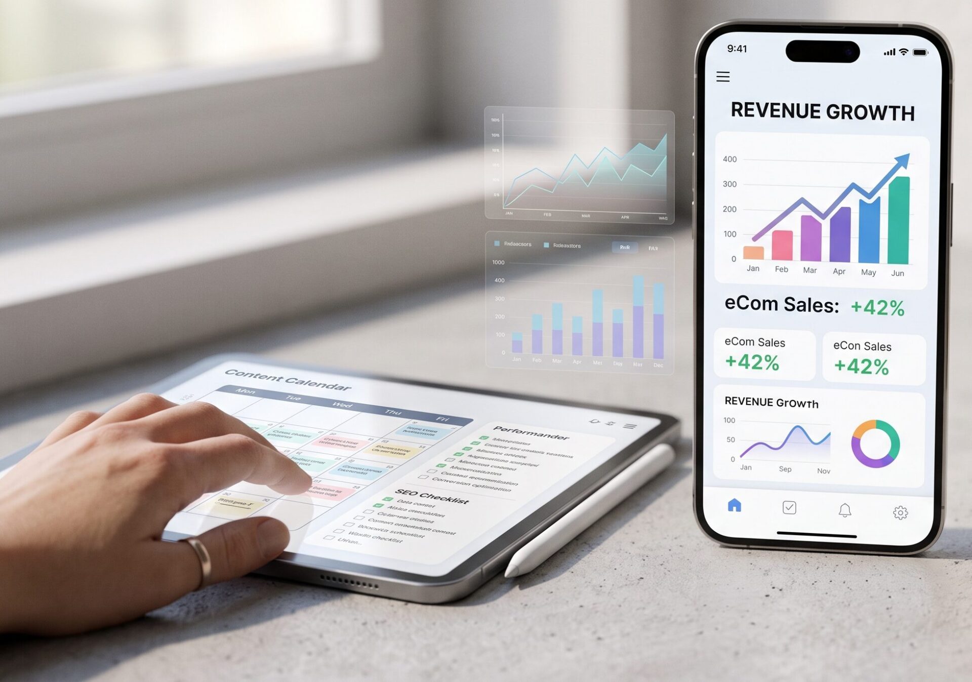 A digital dashboard on a smartphone displaying "Revenue Growth," "eCom Sales," and charts, next to a "Visionary MPR" cosmetic jar on a concrete surface.