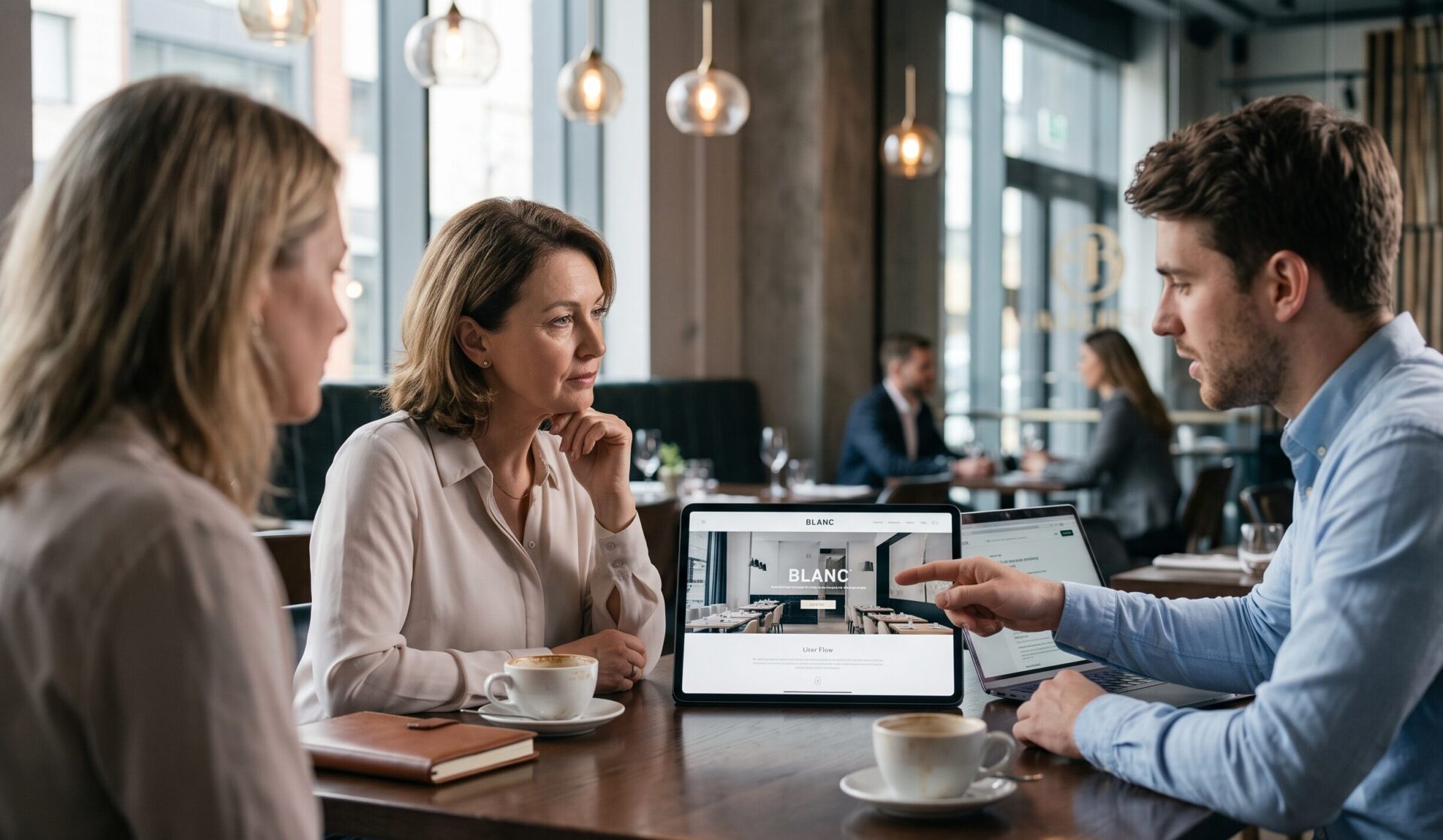 Marketing strategist and restaurant owner reviewing custom web design and brand positioning on a tablet in a modern dining room.