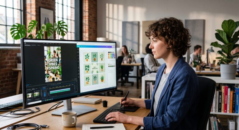 A digital marketing strategist reviewing social media creative asset dimensions and grid safe zones on a workspace monitor.