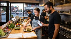 A candid photograph capturing a chef plating fresh, local ingredients and her colleague reviewing a marketing analytic spike on a smartphone inside a busy Rochester kitchen, connecting source traceability to community visibility.
