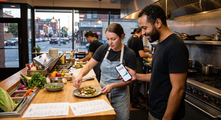 A candid photograph capturing a chef plating fresh, local ingredients and her colleague reviewing a marketing analytic spike on a smartphone inside a busy Rochester kitchen, connecting source traceability to community visibility.