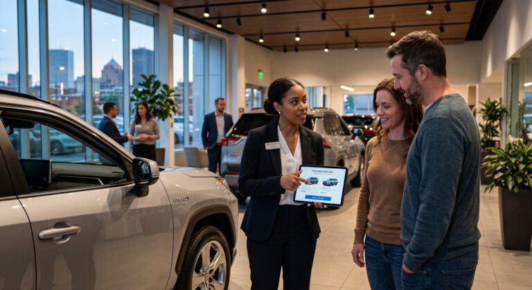 An automotive sales consultant and a couple interacting near a hybrid SUV, viewing data-driven vehicle recommendations on a tablet inside a modern showroom in Rochester, NY, at dusk.