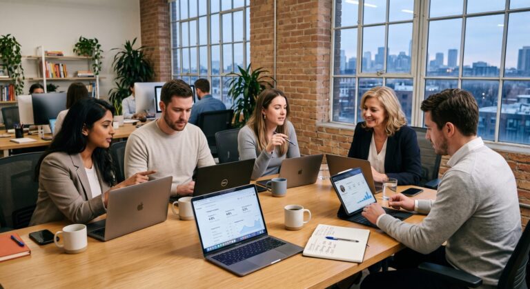 A creative marketing team reviewing niche creator engagement rates and audience analytics on laptop screens around a meeting table.