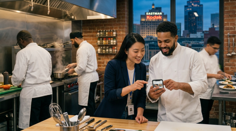 A restaurant manager and executive chef in a modern kitchen reviewing social media analytics and guest engagement on a smartphone.
