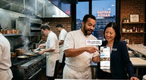 A head chef in whites holds up a smartphone, pointing at the screen, smiling alongside a restaurant manager in a navy blazer; they are collaborating on short-form video content in a busy kitchen with staff working in the background.