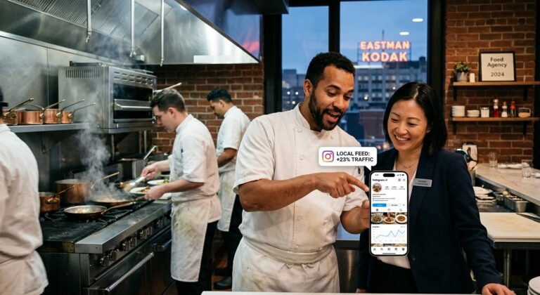 A head chef in whites holds up a smartphone, pointing at the screen, smiling alongside a restaurant manager in a navy blazer; they are collaborating on short-form video content in a busy kitchen with staff working in the background.