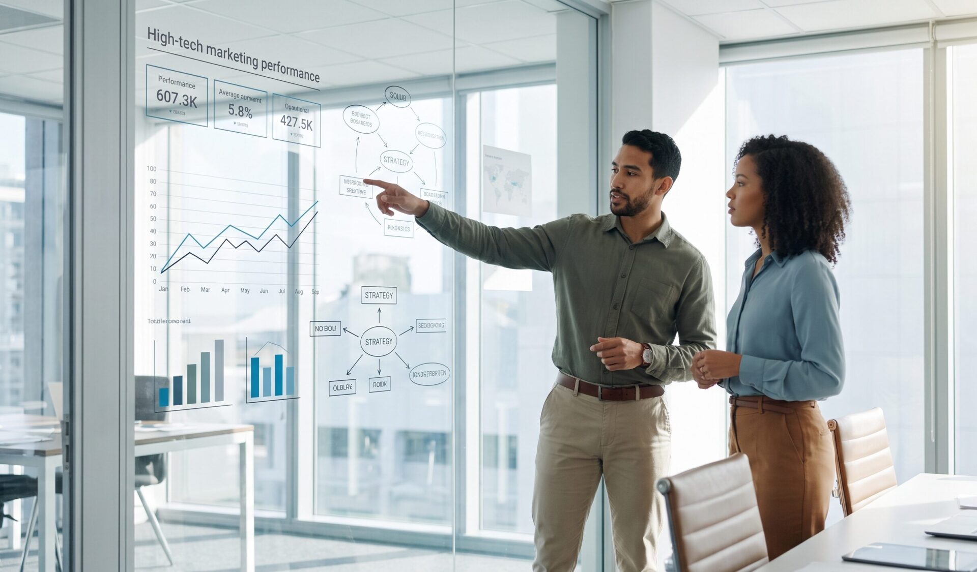 Strategic marketing consultants reviewing performance metrics on high-tech displays inside a modern agency conference room.