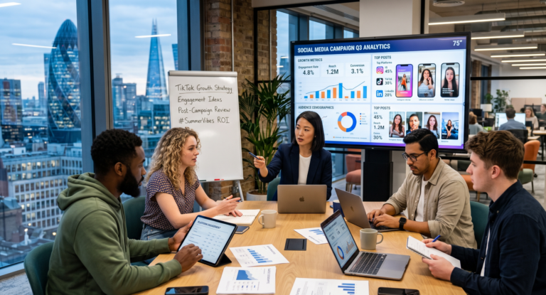A marketing team surrounding a conference table reviewing digital campaign analytics and engagement data on screen.
