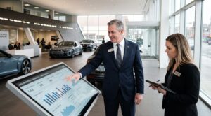 Modern car dealership general manager analyzing showroom inventory data and lead workflows on a digital screen terminal.