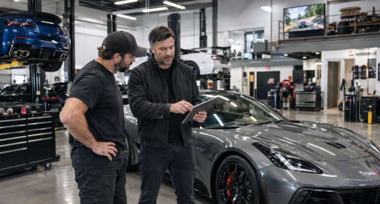 Automotive shop owner discussing digital growth strategy and shop performance metrics in a modern automotive service bay.