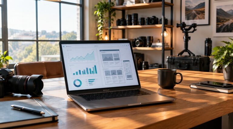 A professional creator workspace featuring a modern desk setup with a laptop displaying web analytics and clean brand strategy wireframes in natural office lighting.