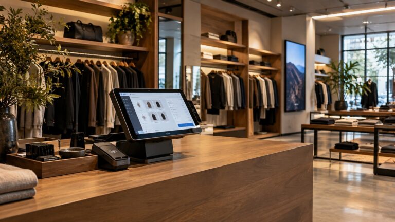A clean, modern retail boutique counter featuring a point of sale terminal displaying unified inventory data, flanked by high-end apparel displays and soft architectural lighting in an open retail store interior.
