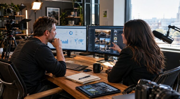 Professional digital content creator and marketing strategist reviewing performance analytics and multi-channel campaign assets in a modern creative studio.
