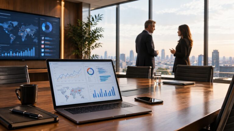 An executive board room setting with business leaders analyzing real-time media analytics and brand communication strategy charts under soft architectural lighting.