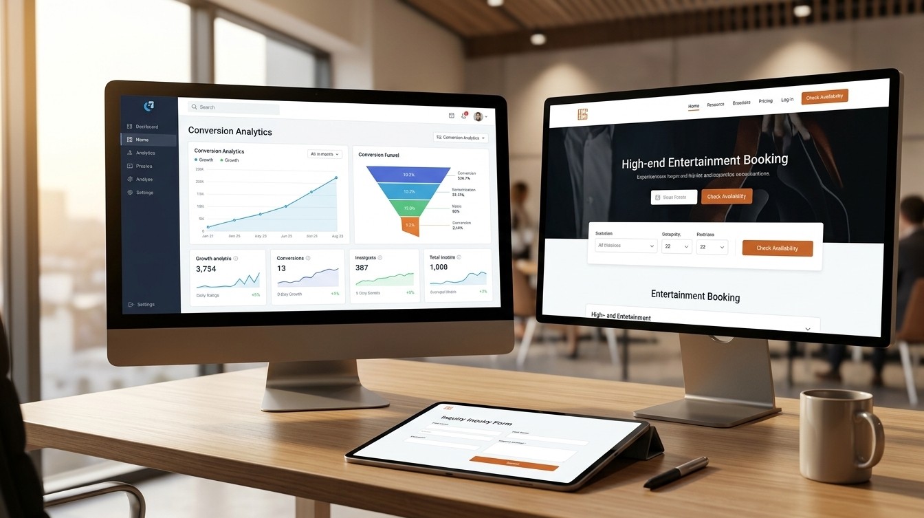 A close up photorealistic view of a professional workstation in a sophisticated entertainment office featuring multiple monitors displaying data graphs, user journey analytics, and an optimized DJ booking website interface. Foreground elements include a tablet with a clear call to action and a pen. Background, slightly blurred, is a modern event venue.