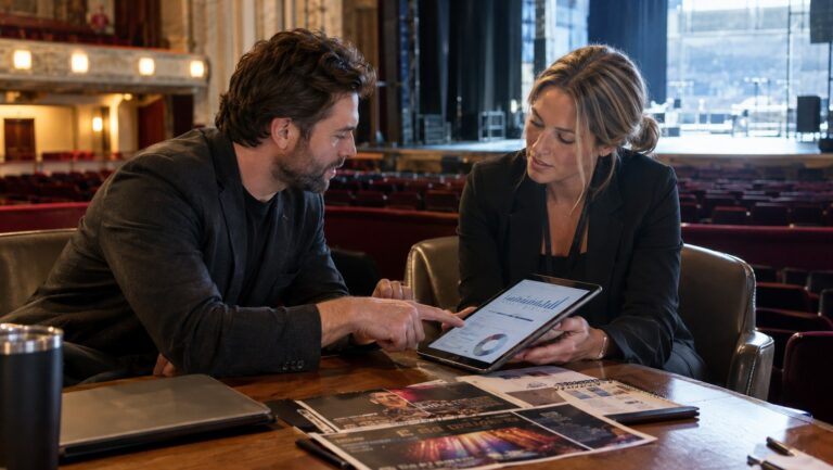 An entertainment marketing director and live production executive collaborating over promotional campaign schedules, stage blueprints, and audience analytics on a wooden table in an empty theater auditorium.