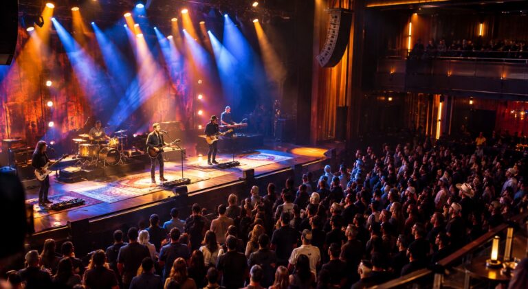 Vibrant live entertainment event venue stage illuminated by dramatic lighting with an engaged crowd enjoying a performance