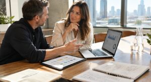 A marketing executive and consumer business leader analyzing connected customer journey maps and digital analytics displays in a sunlit conference room.