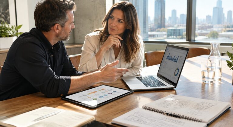 A marketing executive and consumer business leader analyzing connected customer journey maps and digital analytics displays in a sunlit conference room.