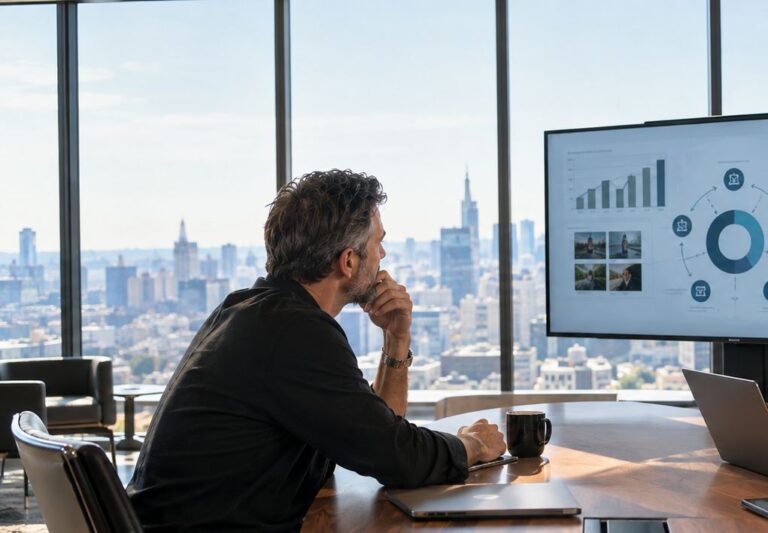 Consumer brand business owner discussing integrated digital strategy and growth metrics with a strategic marketing consultant in a modern office.