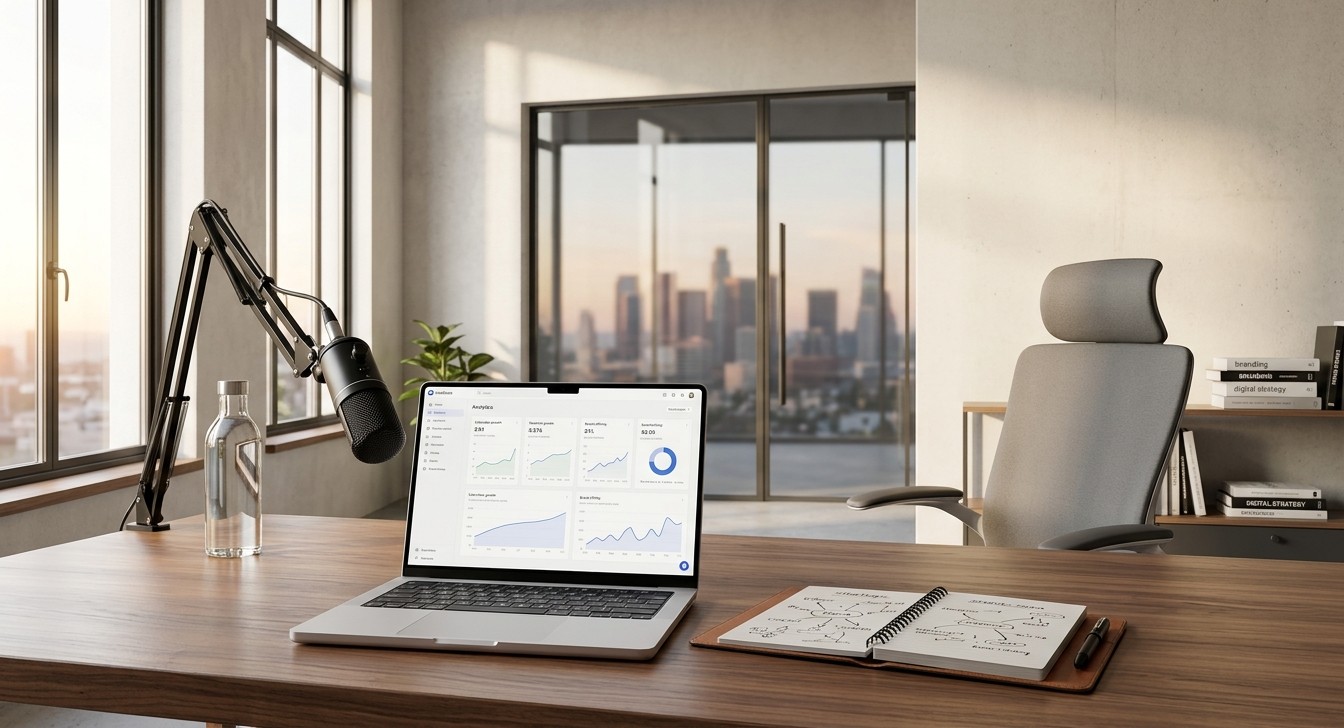 Strategic planning workspace with a creator reviewing brand analytics and content roadmap on a tablet