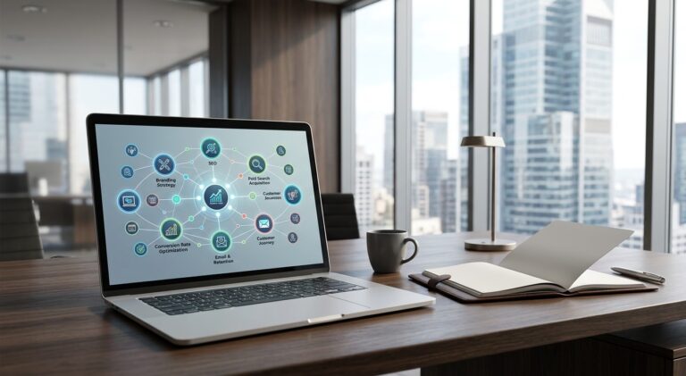 Executive dark wood office desk featuring an open laptop displaying an interconnected marketing ecosystem map alongside a leather notebook in natural daylight