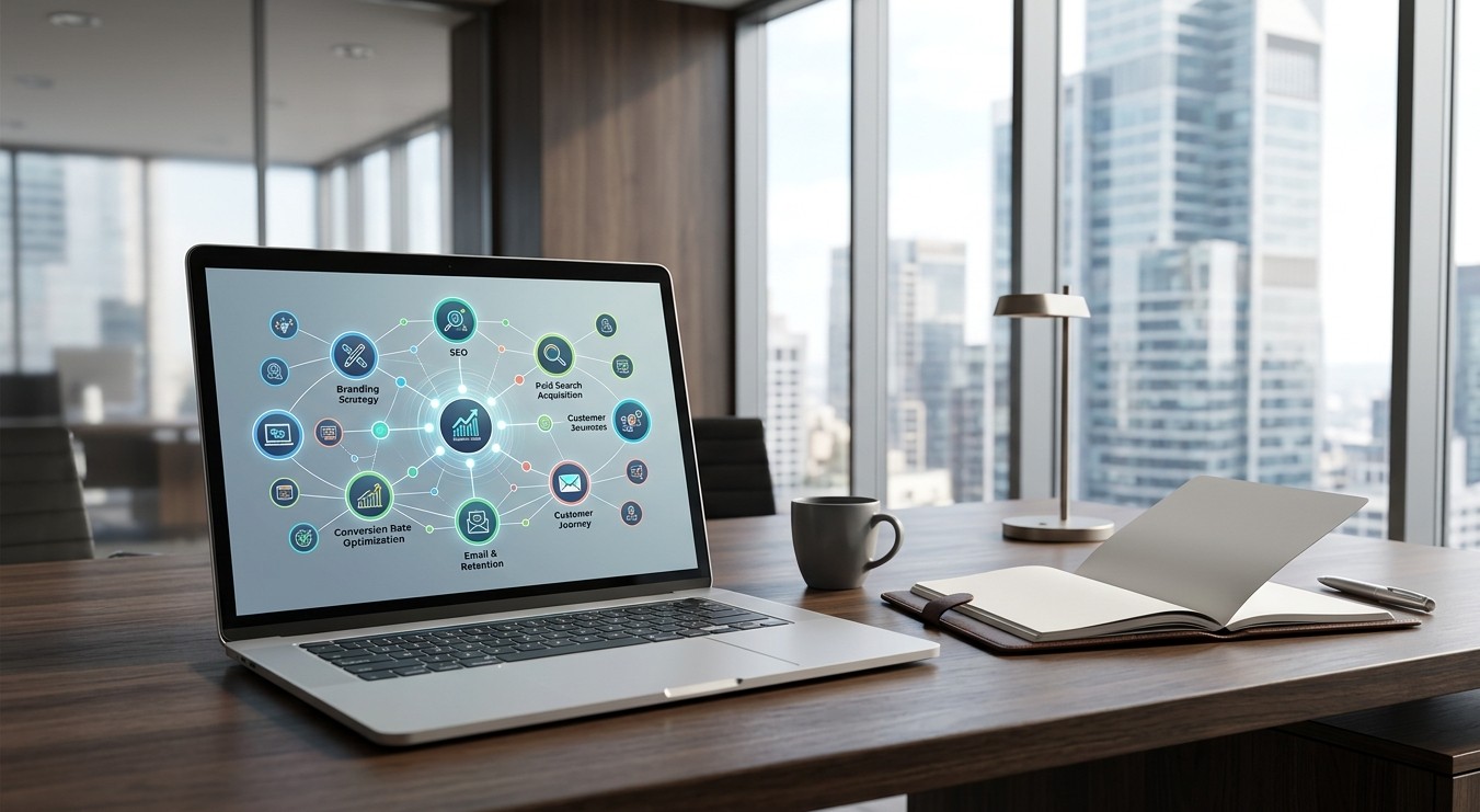 Executive dark wood office desk featuring an open laptop displaying an interconnected marketing ecosystem map alongside a leather notebook in natural daylight